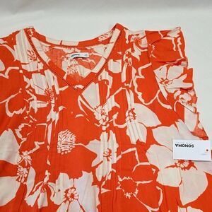 NWT Sonoma Blouse Womens XL Orange Floral Rayon Linen Flutter Sleeve V-Neck Top
